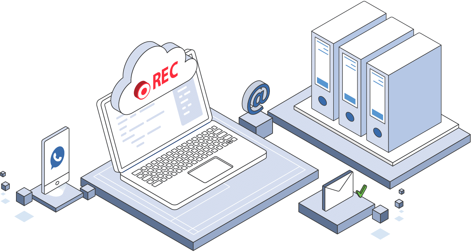 Isometric illustration of communication recording: laptop with cloud recording, phone, email and archive storage