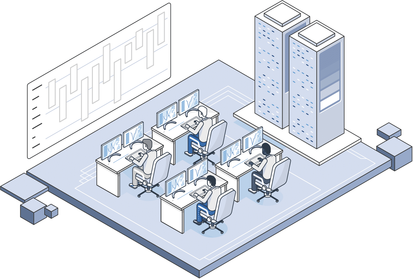 Isometric illustration of a trading floor with traders at their desks, servers and market data screens